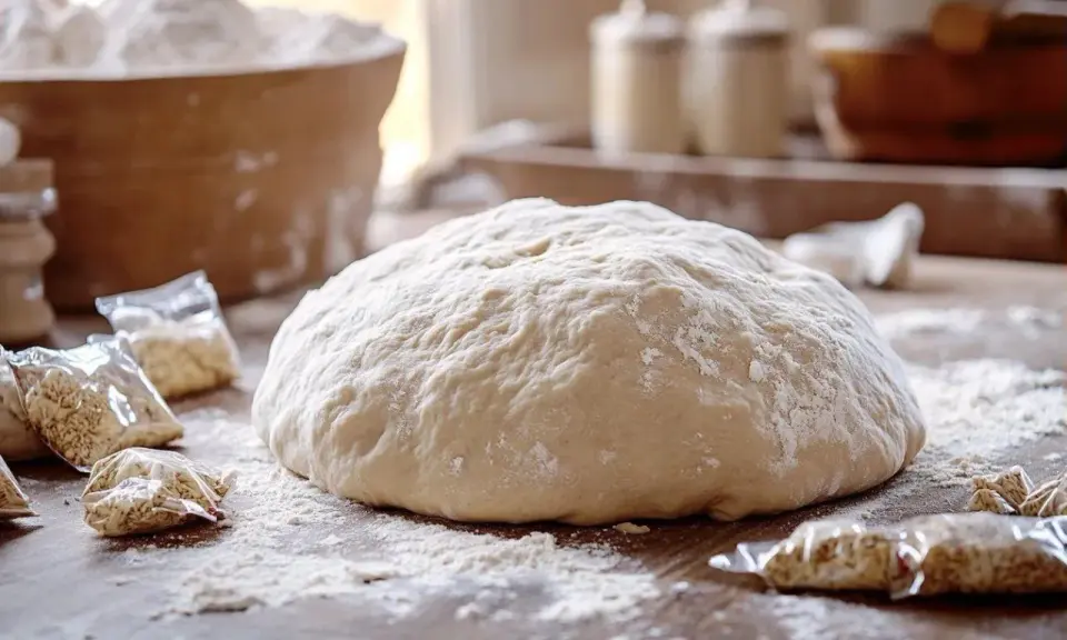 Pâte à brioche sur une table en bois, entourée de sachets de levure. Idéal pour savoir comment rattraper une pâte à brioche qui ne monte pas.