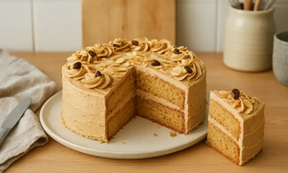 Un délicieux gâteau moka à deux étages, garni de crème au café, d'amandes effilées et de grains de café. Une part est déjà coupée.