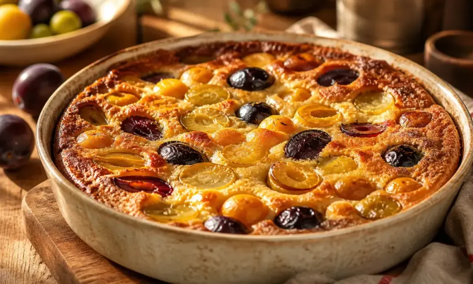 Un délicieux clafoutis aux pruneaux, doré et moelleux, sort du four. Des fruits entiers et coupés parsèment la pâte onctueuse.