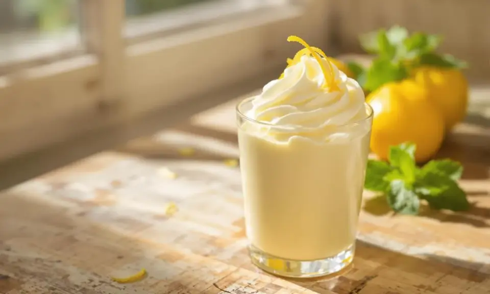 Délicieuse mousse au citron, légère et aérienne, garnie de zestes jaunes vifs. Des citrons et de la menthe fraîche en arrière-plan.