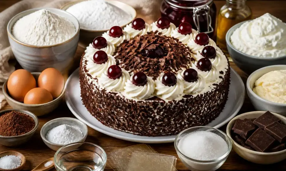 Gâteau Forêt Noire, prêt à être dégusté, entouré des ingrédients pour une recette forêt noire professionnelle : farine, œufs, chocolat, cerises, crème.