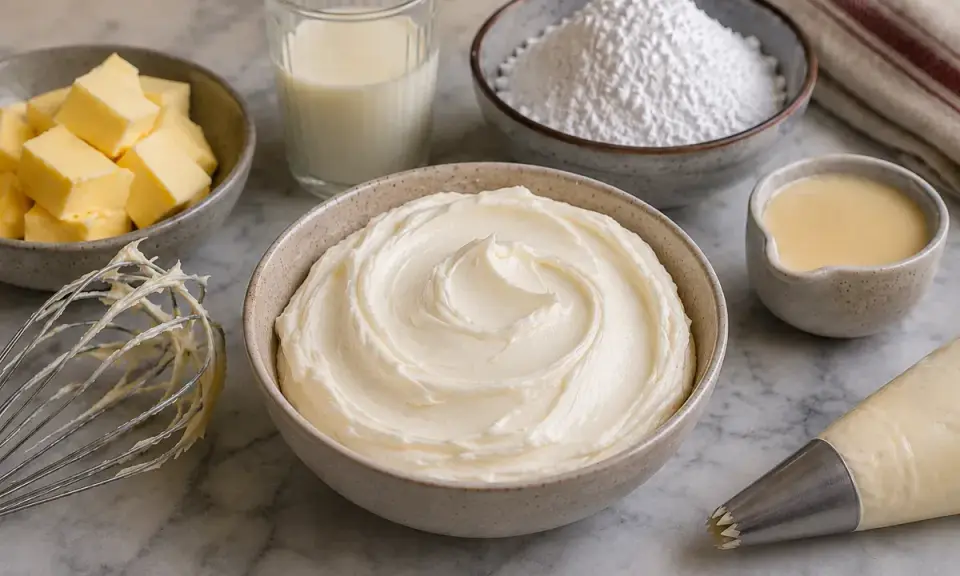 Préparation d'une crème au beurre traditionnelle : beurre, sucre glace, lait, et une poche à douille prête à l'emploi.