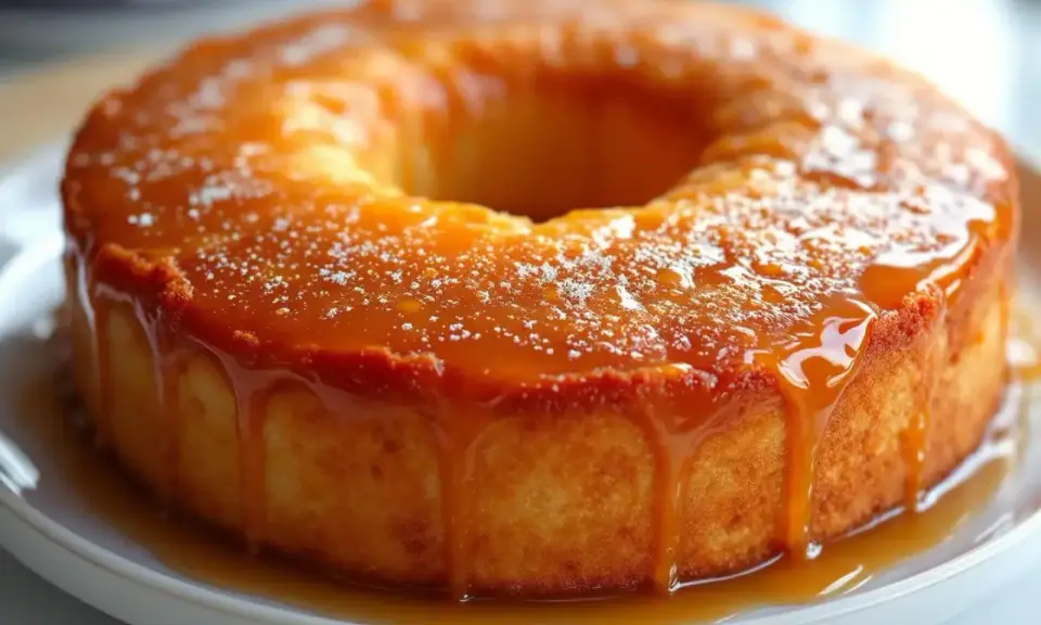 Gâteau rond nappé d'un sirop à 30, dégoulinant sur les côtés. Une touche de sucre glace ajoute une finition délicate.