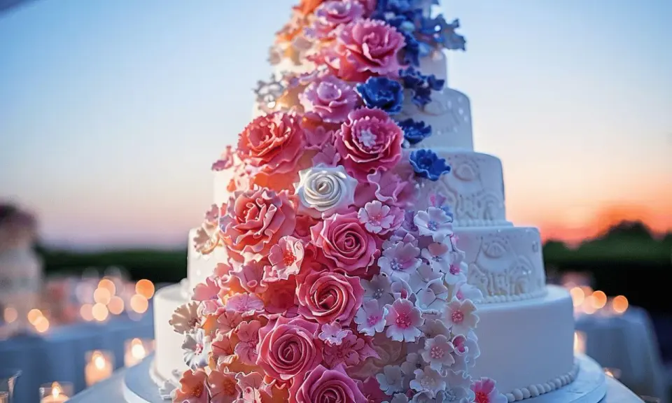 Un magnifique gâteau à étages orné de roses et de fleurs roses, bleues et blanches. Une recette gâteau original pour un événement spécial.