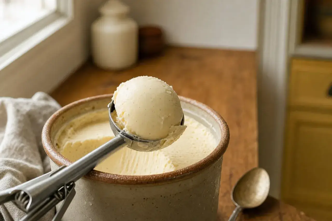 Une cuillère prélève une boule crémeuse de glace vanille maison dans un pot en grès.
