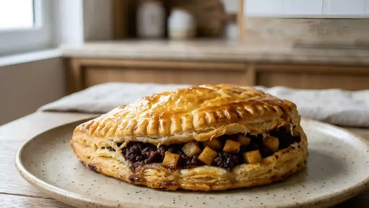 Chausson aux pommes fait maison, garni de compote et de dés de pommes, sur une pâte feuilletée dorée. Une recette gourmande.
