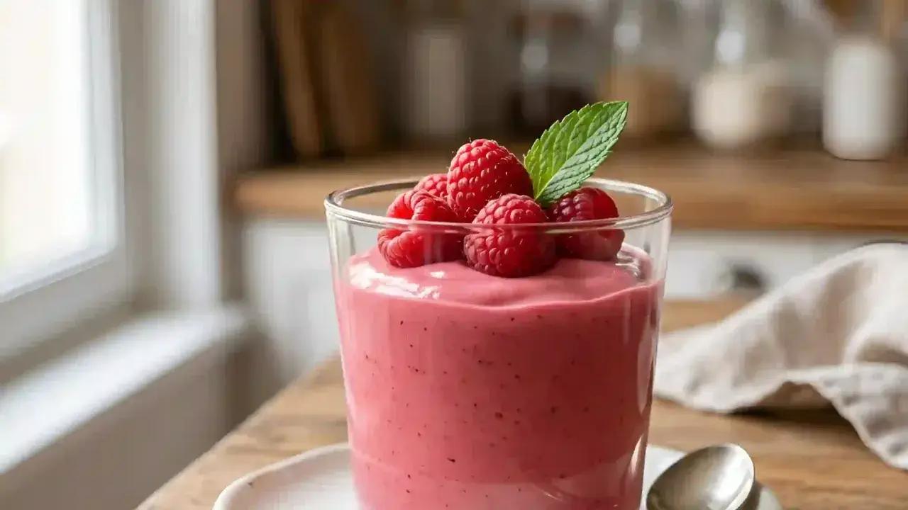 Un verre de crème framboise onctueuse, garni de framboises fraîches et d'une feuille de menthe. Un délice qui rappelle un gâteau léger.