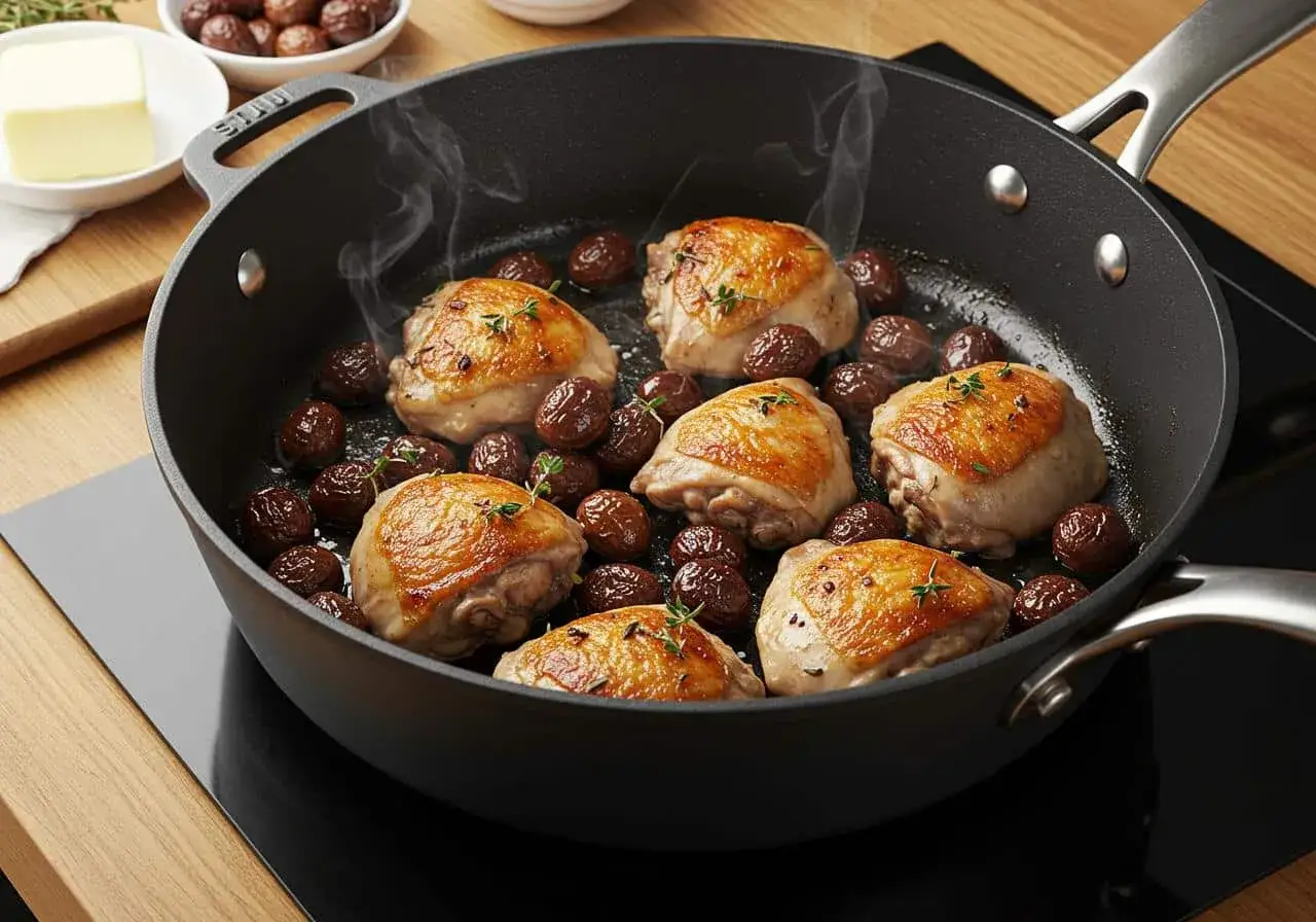 Poulet rôti et marrons en conserve mijotent dans une poêle. Une idée pour comment cuisiner des marrons en conserve avec du poulet.