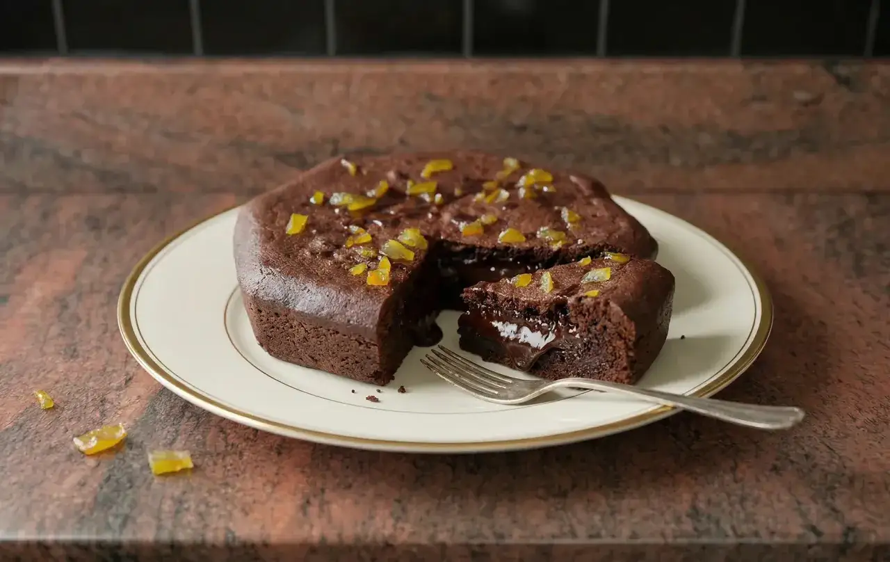Gâteau au chocolat fondant, garni d'écorces d'orange confites. La pâte à gâteau révèle un cœur coulant irrésistible.