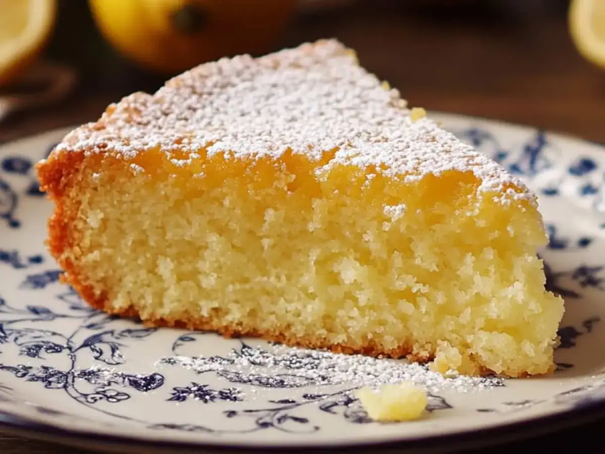 Tranche de cake sucré au citron, saupoudrée de sucre glace, sur une assiette ornée. Un délice à savourer.