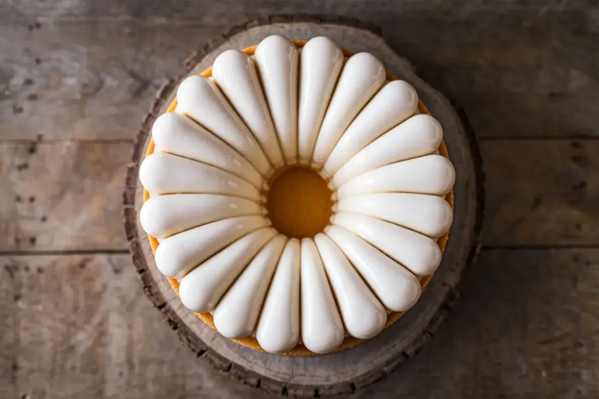 Un magnifique fondant pâtissier blanc nacré, disposé en pétales autour d'un cœur doré, sur un tronc d'arbre.