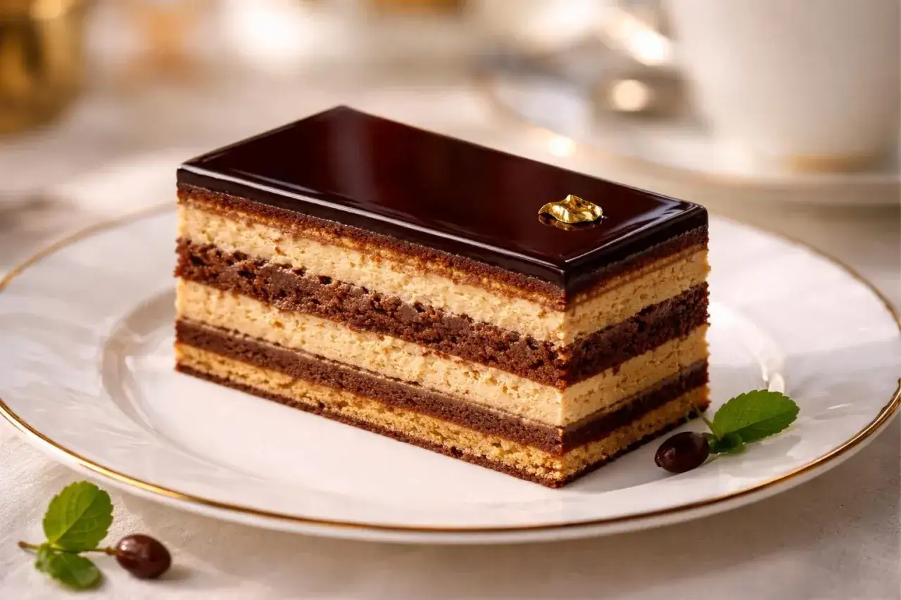 Une tranche de gâteau Opéra, composition élégante avec glaçage brillant et feuille d'or. Délicates couches de biscuit et de crème.