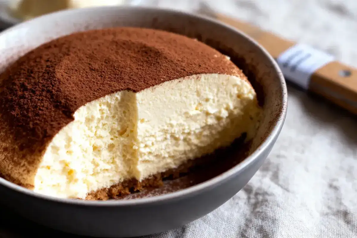 Un délicieux gâteau mousse vanille, saupoudré de cacao, servi dans un bol. Une cuillère en bois est visible en arrière-plan.