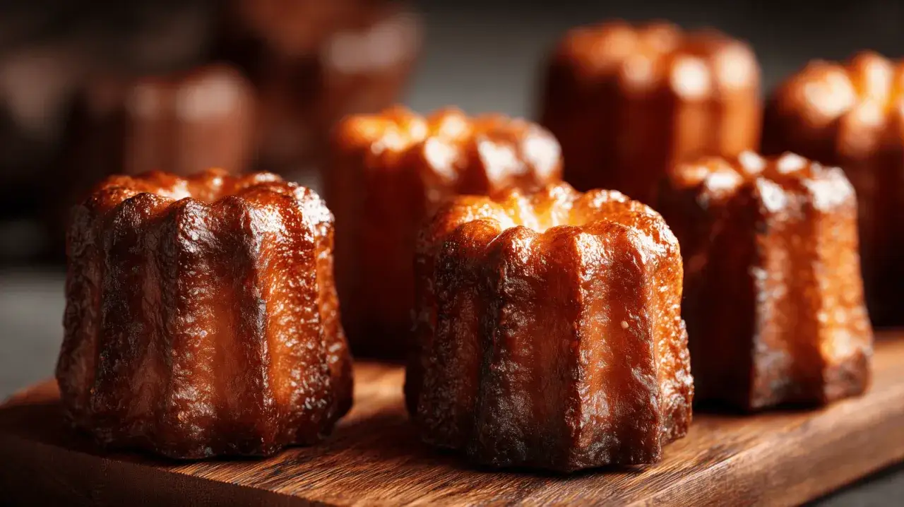Plusieurs cannelés dorés et caramélisés, parfaits pour la conservation, reposent sur un plateau en bois.