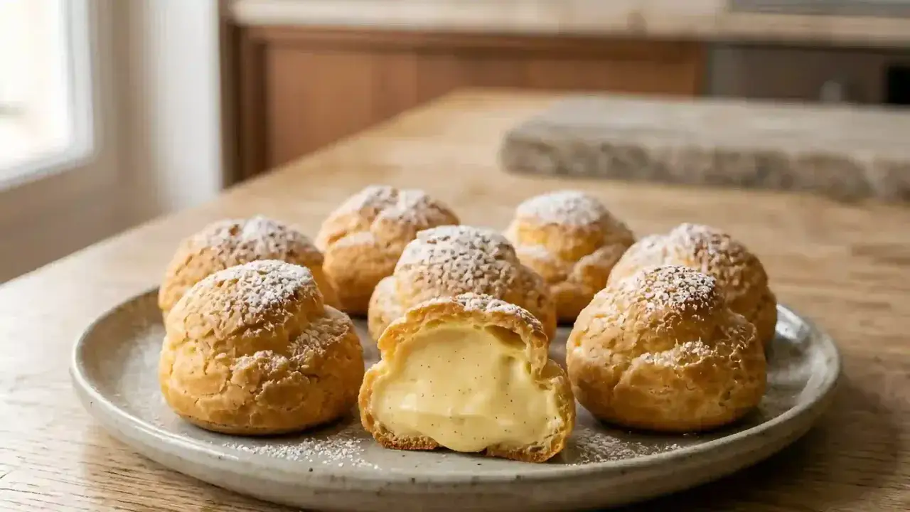 Choux à la crème, saupoudrés de sucre glace, prêts à déguster. Un délice qui rappelle la recette de maman.