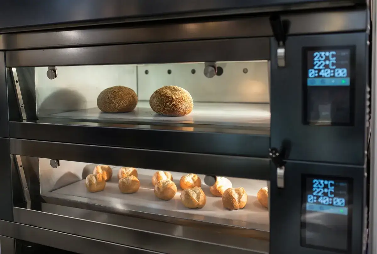 Dans un four professionnel, deux gros pains et plusieurs petits pains attendent de lever. Le panneau de contrôle affiche 23°C et 22°C, suggérant une température idéale pour la pousse.