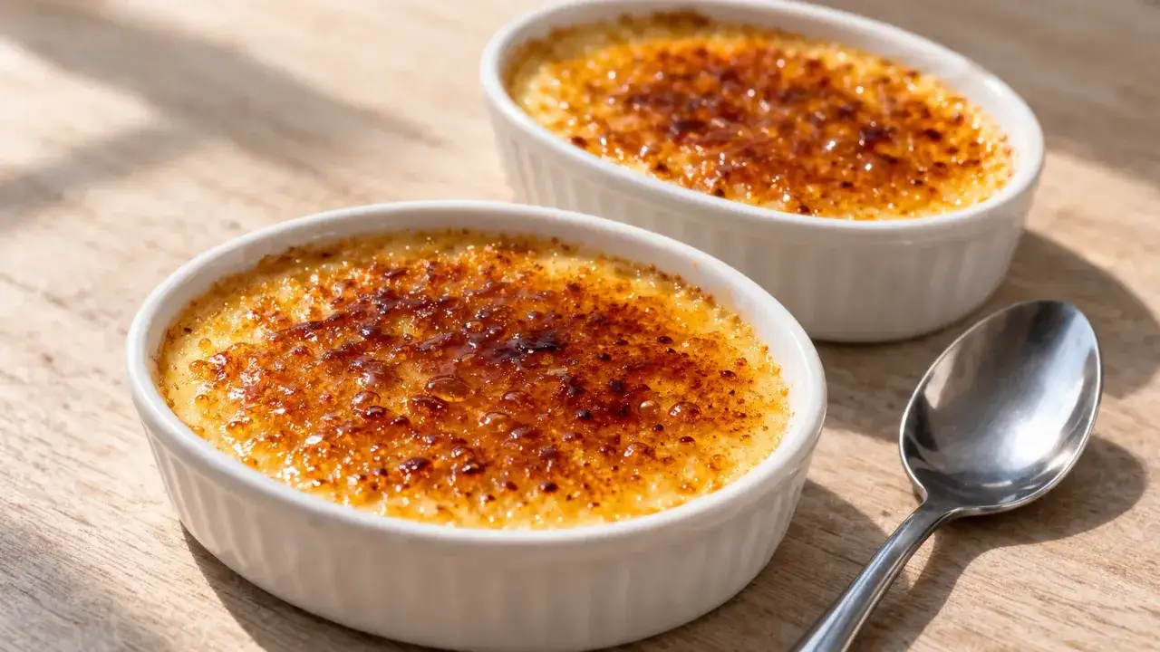 Deux ramequins de crème brûlée, leur croûte caramélisée brillante, prêts pour la dégustation. La cuisson est parfaite.