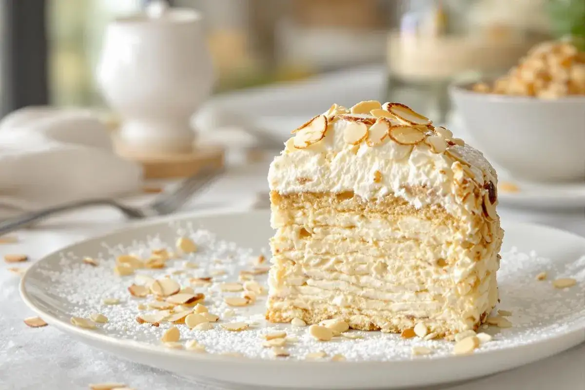 Tranche de gâteau aérienne, garnie de crème fouettée et d'amandes effilées. Une délicieuse dacquoise amande, saupoudrée de sucre glace.