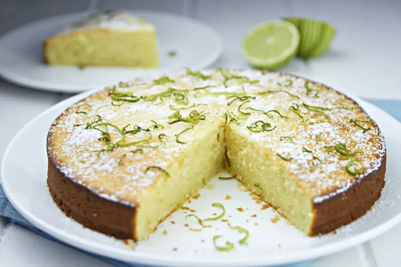 Un délicieux gâteau yaourt citron vert, saupoudré de sucre glace et décoré de zestes verts. Une part est déjà coupée.