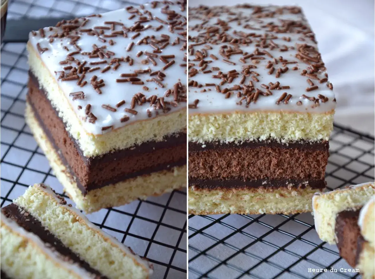 Gâteau napolitain, une recette digne du Meilleur Pâtissier. Trois couches de génoise alternant vanille et chocolat, garnies de crème au chocolat et nappées d'un glaçage blanc parsemé de vermicelles.