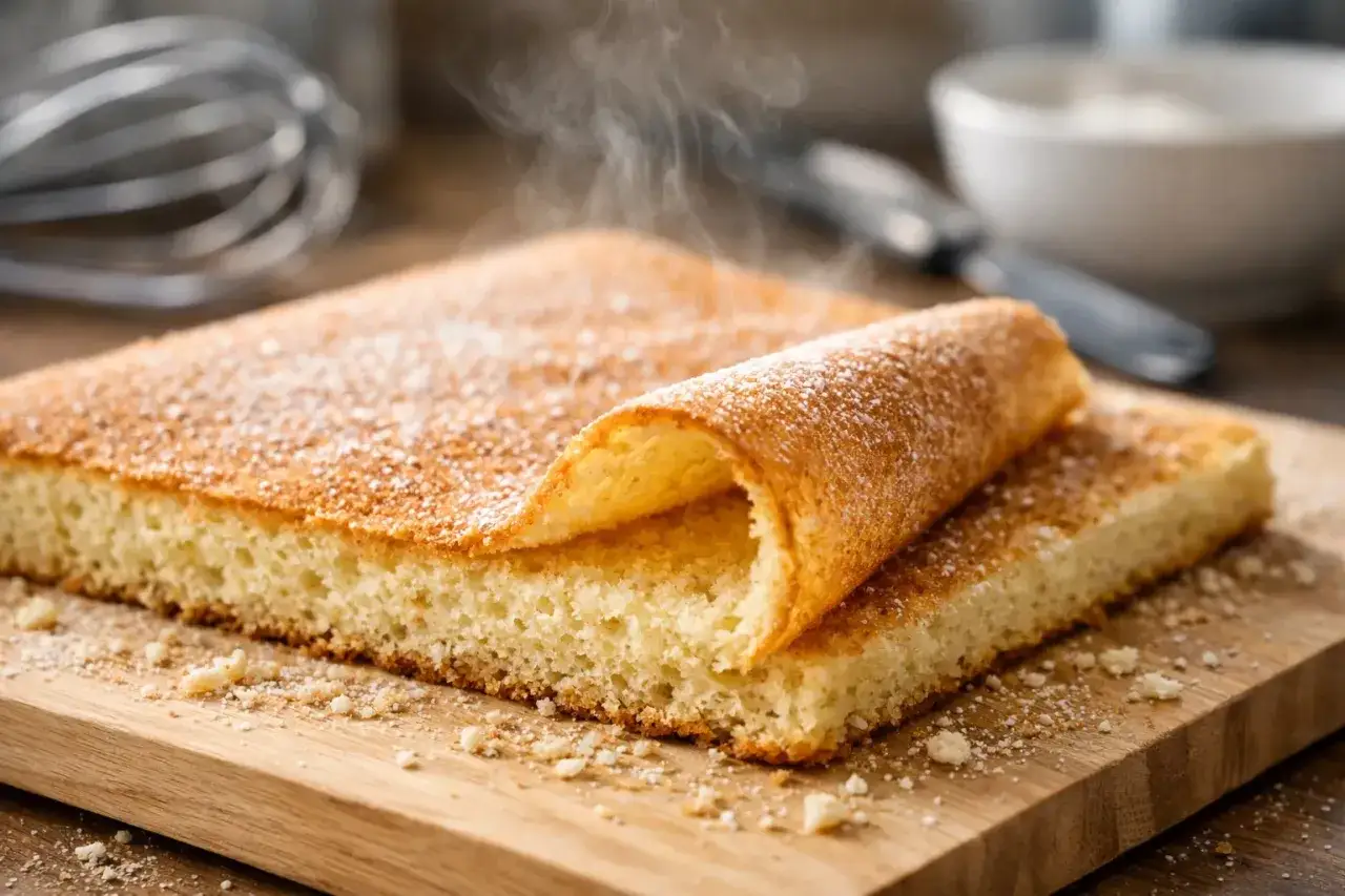 Biscuit Joconde moelleux, saupoudré de sucre glace, prêt à être roulé. Une recette facile et rapide pour un dessert aérien.