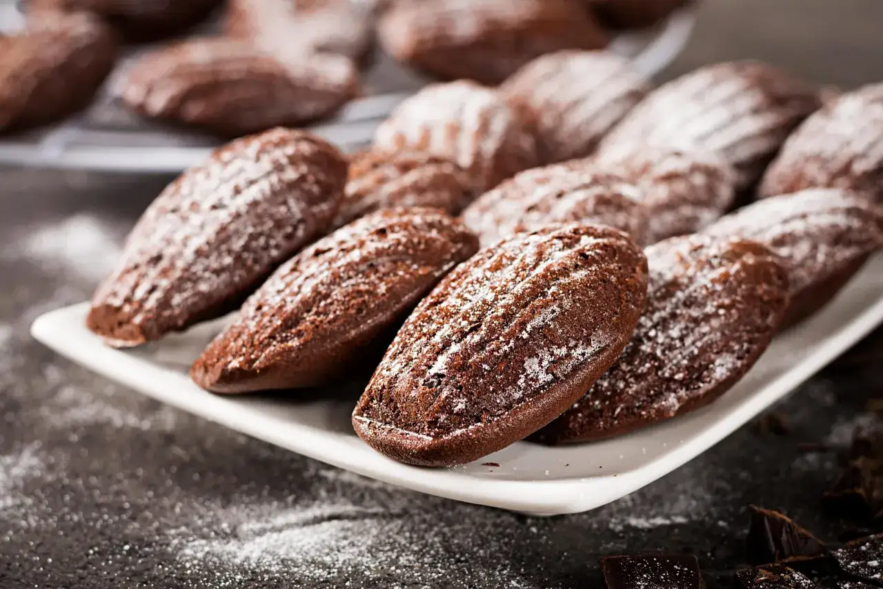 Douceurs chocolatées : une assiette de biscuits madeleine au chocolat, saupoudrés de sucre glace, prêts à être dégustés.