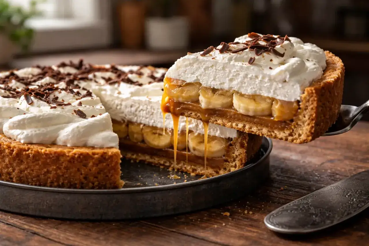 Une part de banoffee pie, avec sa cr&egrave;me fouett&eacute;e, ses bananes et son caramel coulant, &eacute;voque l'origine de ce dessert gourmand.