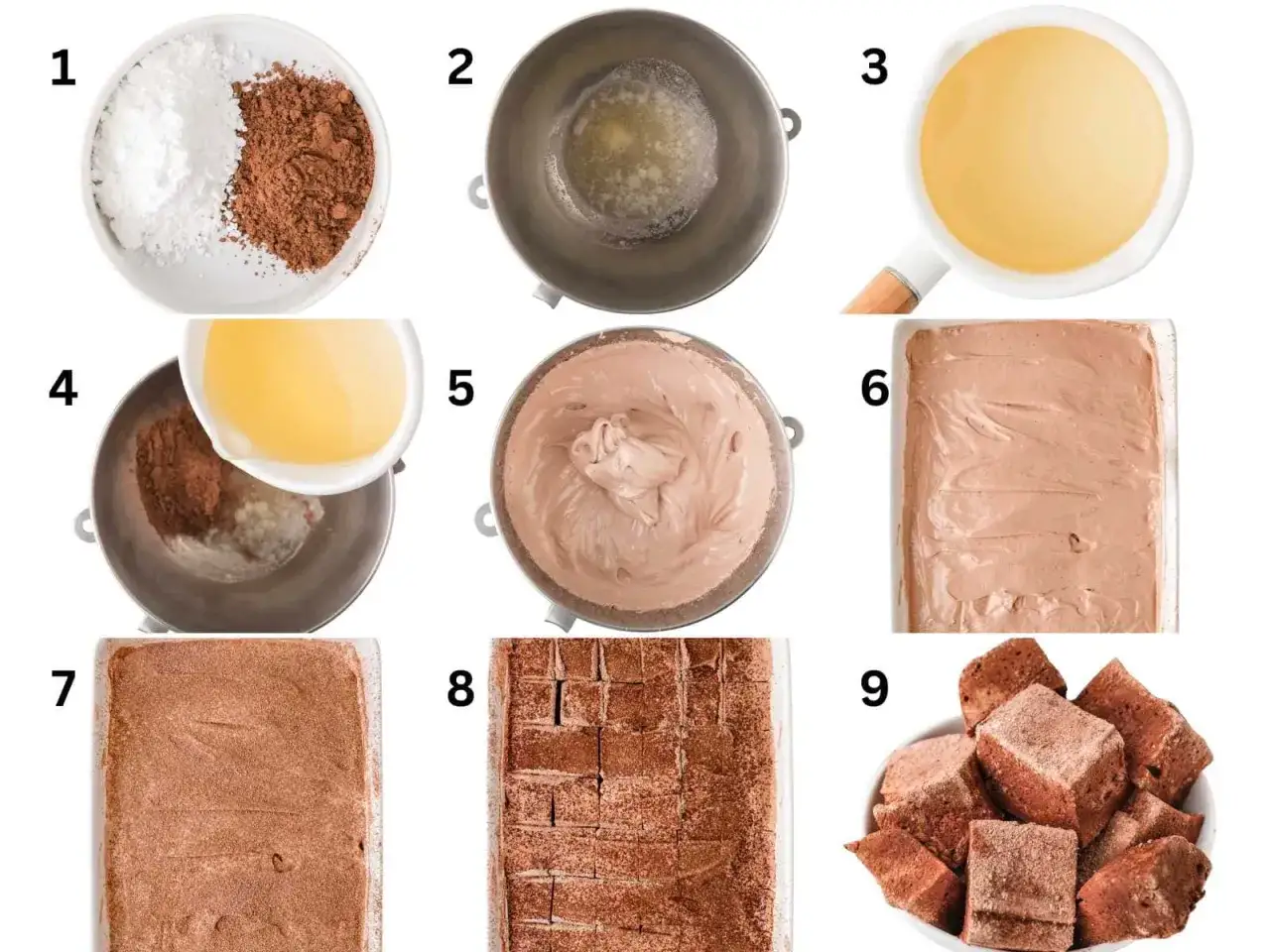 Étapes pour une recette guimauve chocolat : mélange d'ingrédients, préparation de la pâte, coulage dans un plat, découpe et dégustation des guimauves.