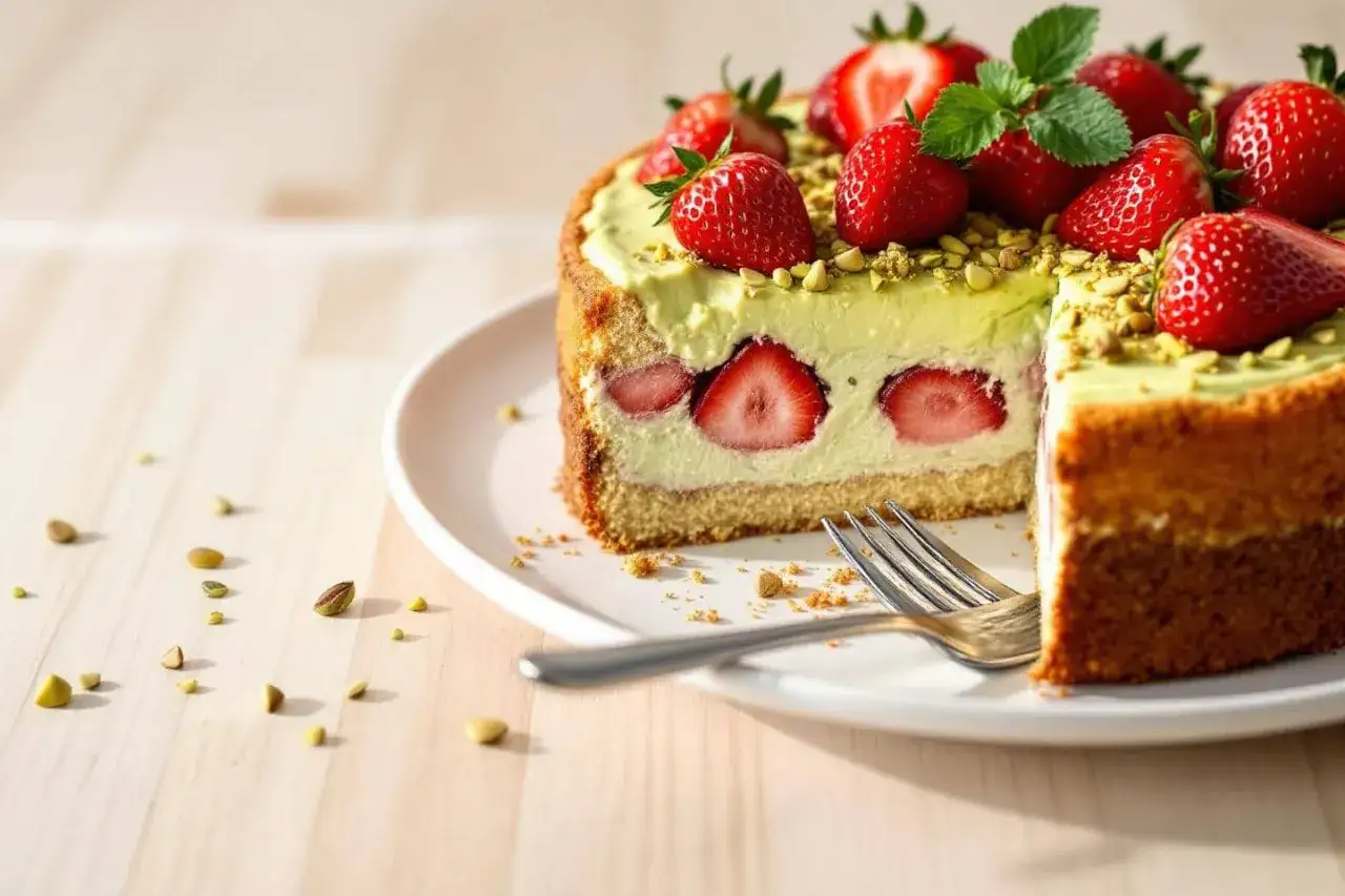 Délicieux fraisier pistache garni de fraises fraîches et de pistaches concassées. Une tranche est coupée, révélant des fraises entières à l'intérieur.
