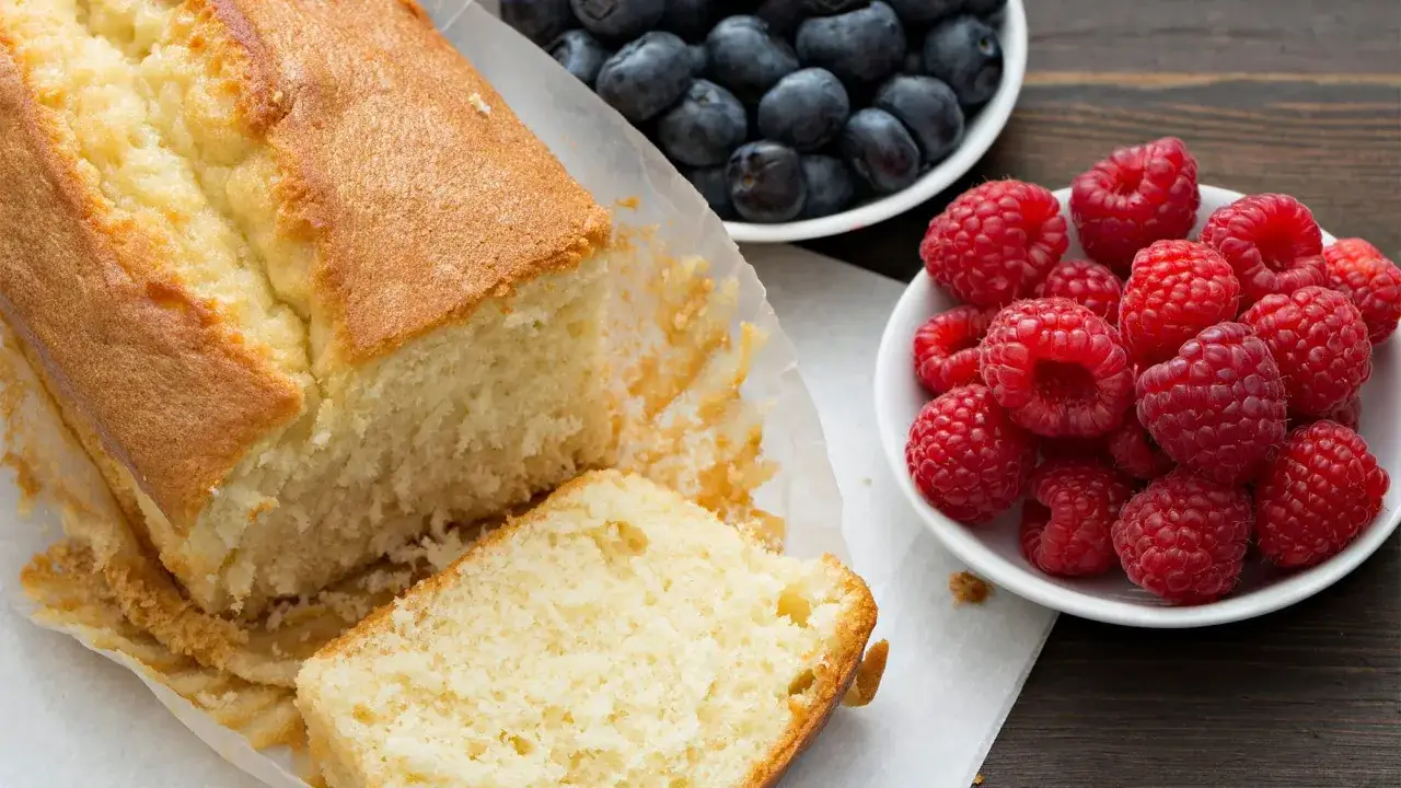 Un quatre-quarts breton doré, servi avec des framboises et des myrtilles fraîches. Parfait pour une recette simple et gourmande.