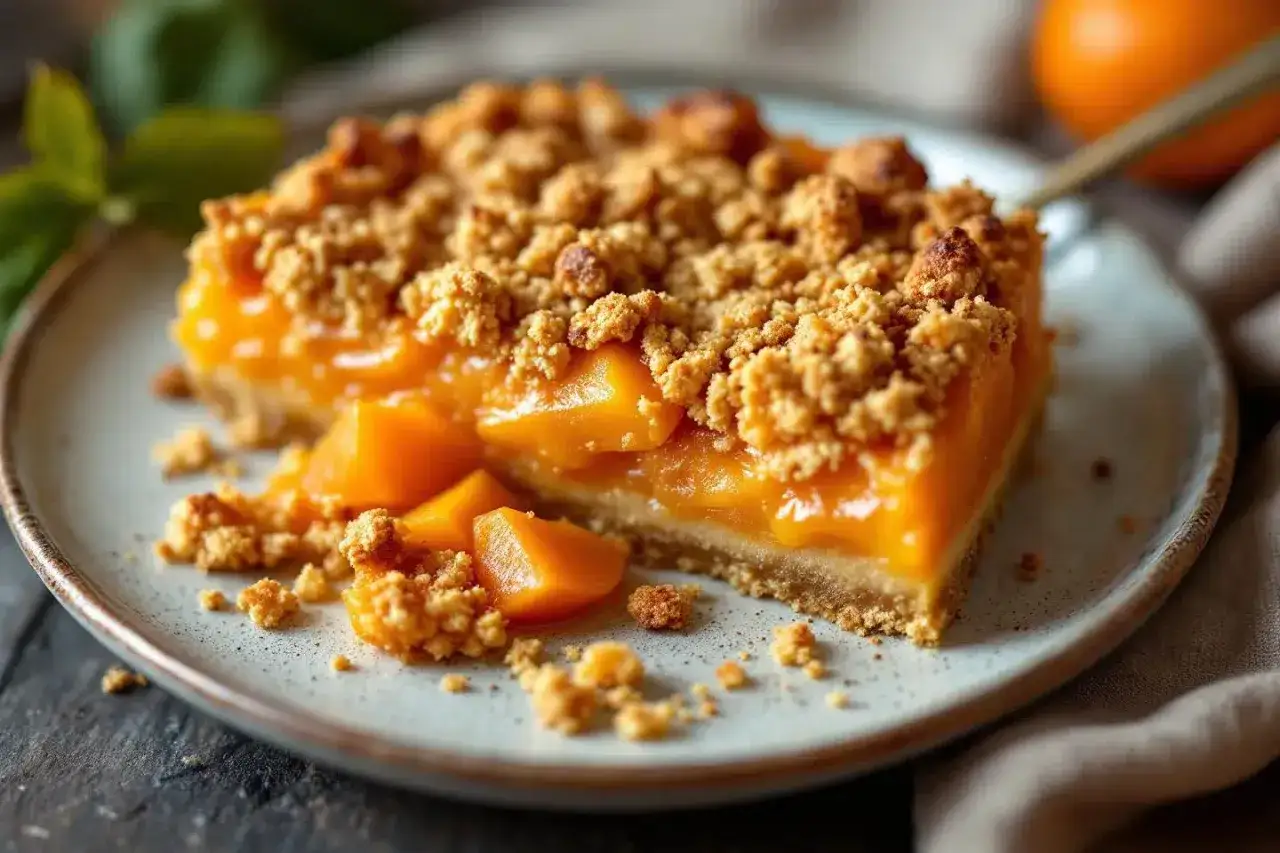 Un morceau de tarte aux abricots avec une pâte à crumble croustillante, garni de fruits juteux et de miettes dorées.