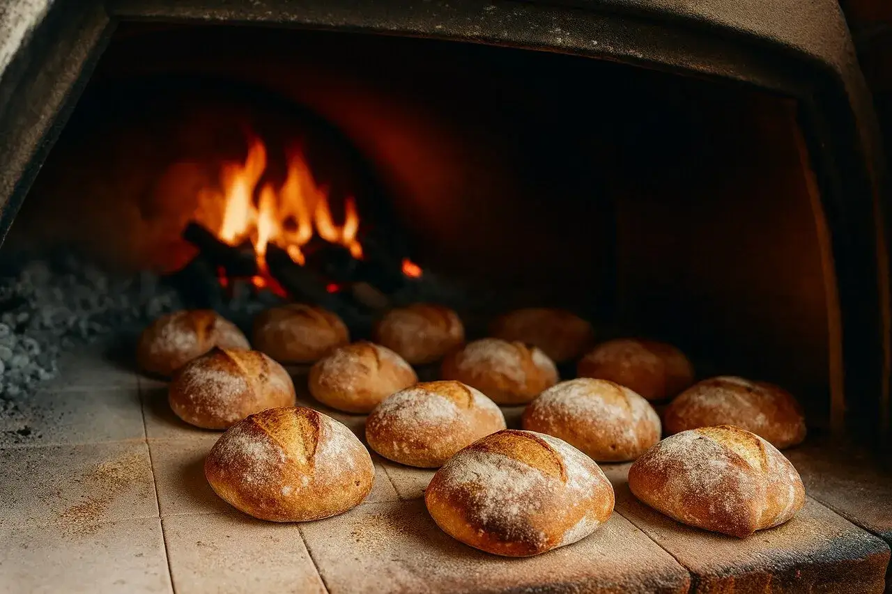 Des pains dorés prêts pour la cuisson sur sole dans un four à bois. Les flammes dansent en arrière-plan, promettant une croûte parfaite.