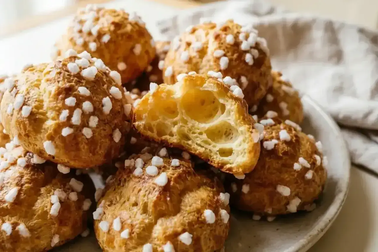 Chouquettes traditionnelles dorées et croustillantes, parsemées de sucre perlé. Une bouchée de bonheur pour une recette chouquette traditionnelle réussie.