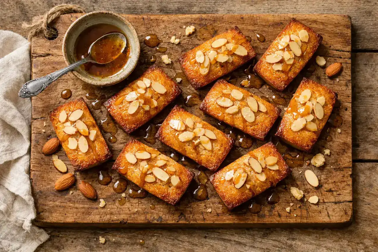 Délicieux financiers, une recette traditionnelle française, garnis d'amandes effilées et nappés de miel doré sur une planche en bois rustique.