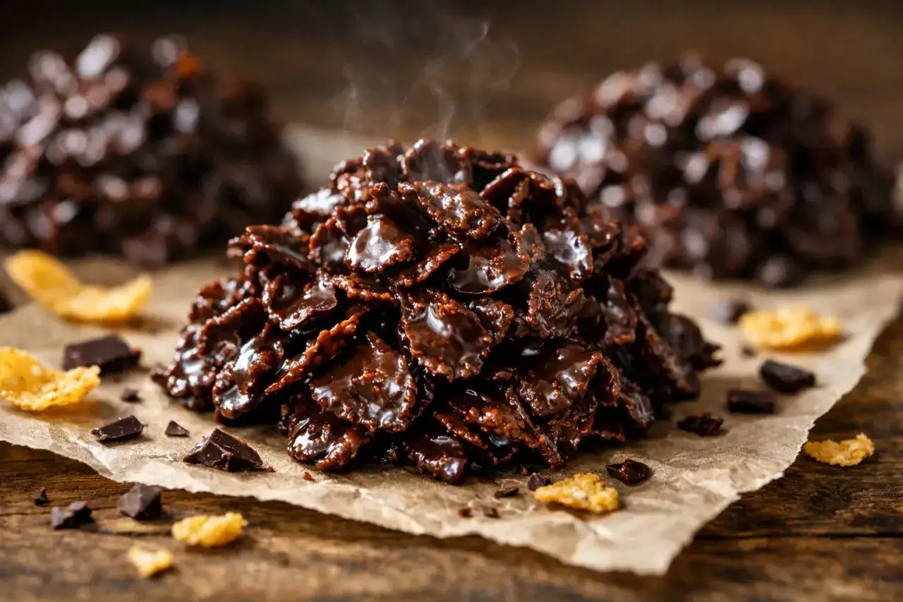 Gourmandes roses des sables recette professionnelle, ces bouchées croustillantes au chocolat dégagent une vapeur appétissante.