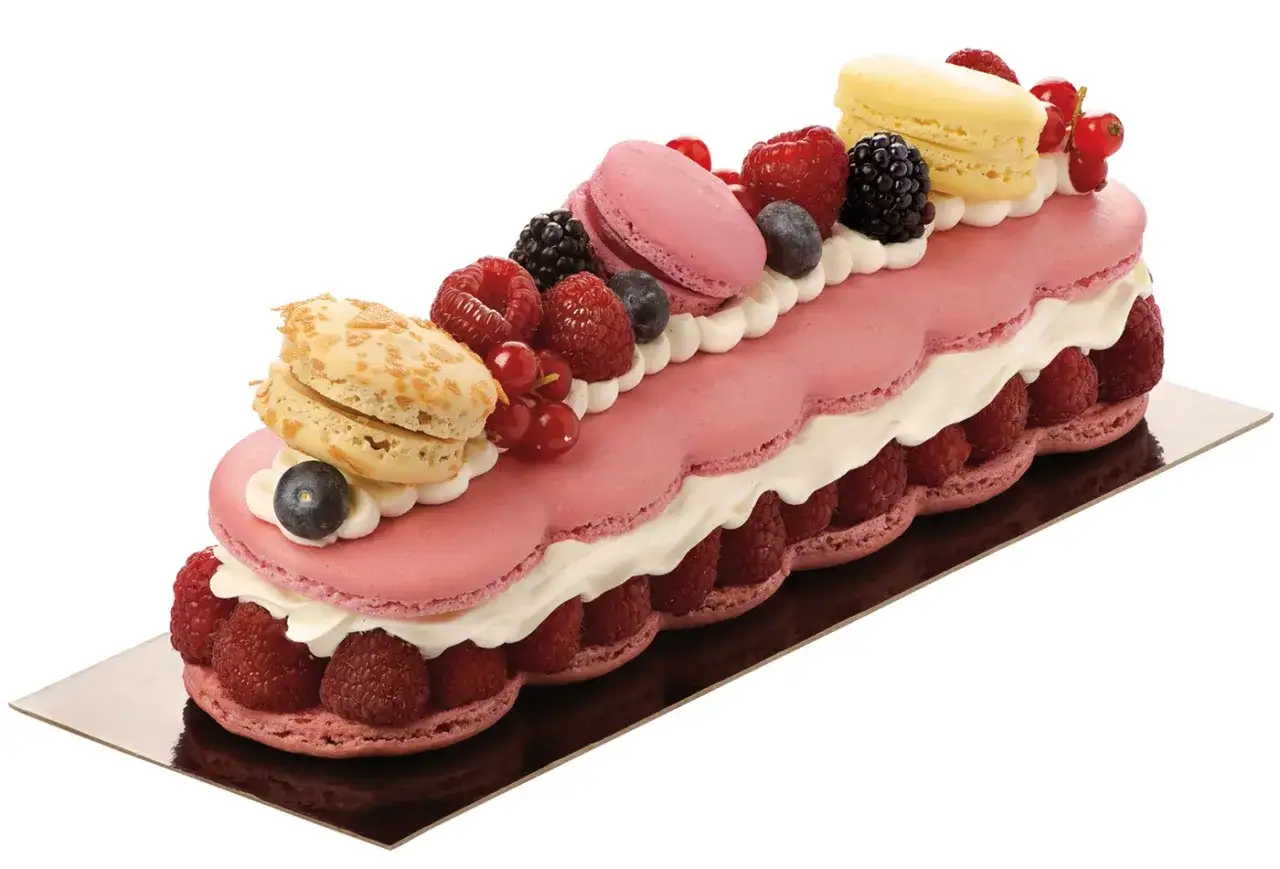 Un délicieux gâteau macaron rose, garni de framboises, mûres, myrtilles et groseilles, avec des macarons plus petits sur le dessus.