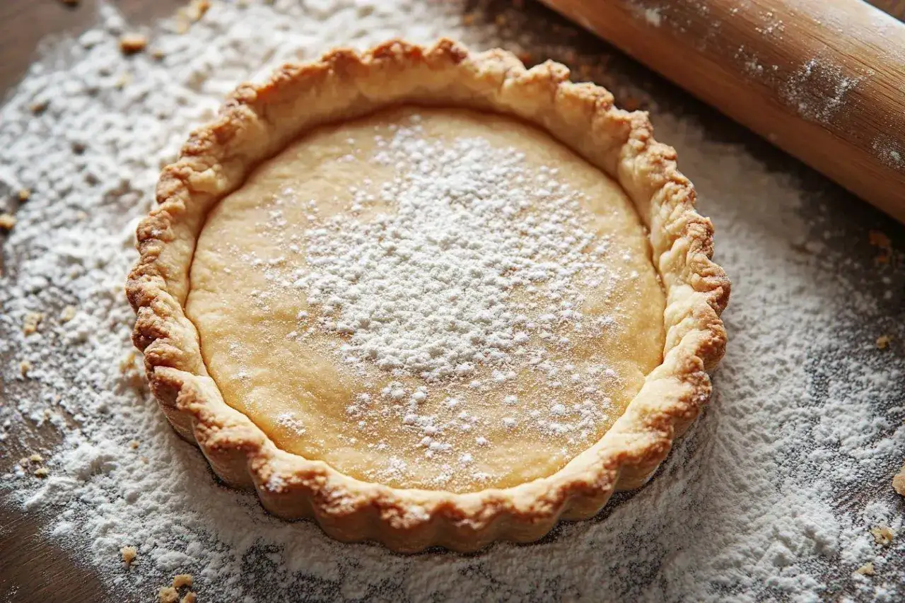 Tartelette à la pâte sablée cuite à blanc, saupoudrée de sucre glace. Le temps de cuisson est parfait pour cette base dorée.
