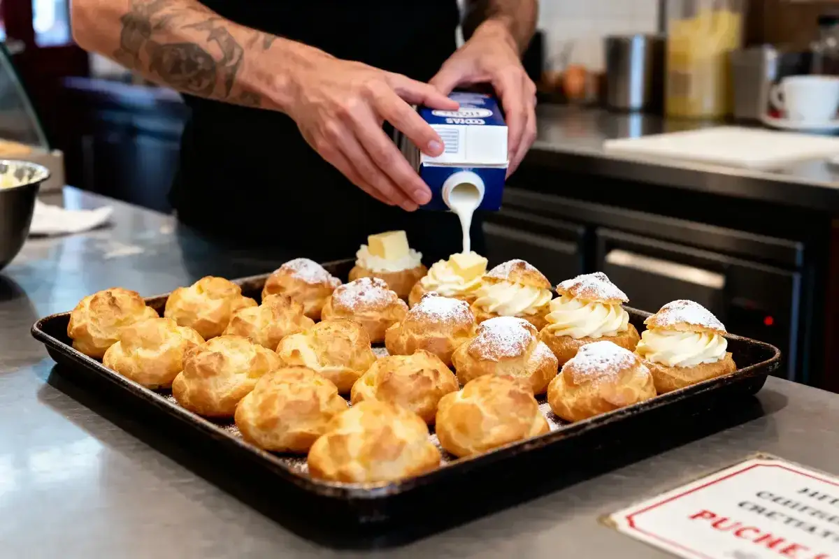 Un chef prépare des religieuses au café, garnissant les choux de crème et de glaçage.