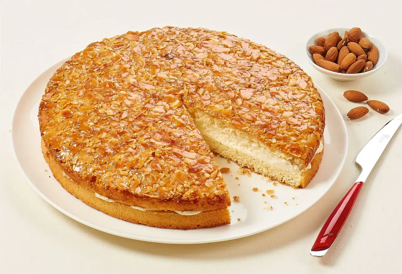 Gâteau rond, garni d'une crème onctueuse et recouvert d'amandes caramélisées. Une belle idée pour une recette nid d'abeille.