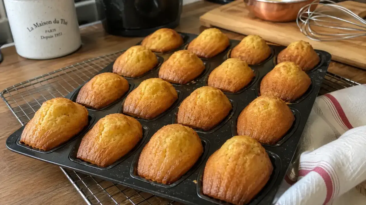 Une plaque de madeleines dorées sort du four. Parfaites pour une recette madeleines facile et gourmande.