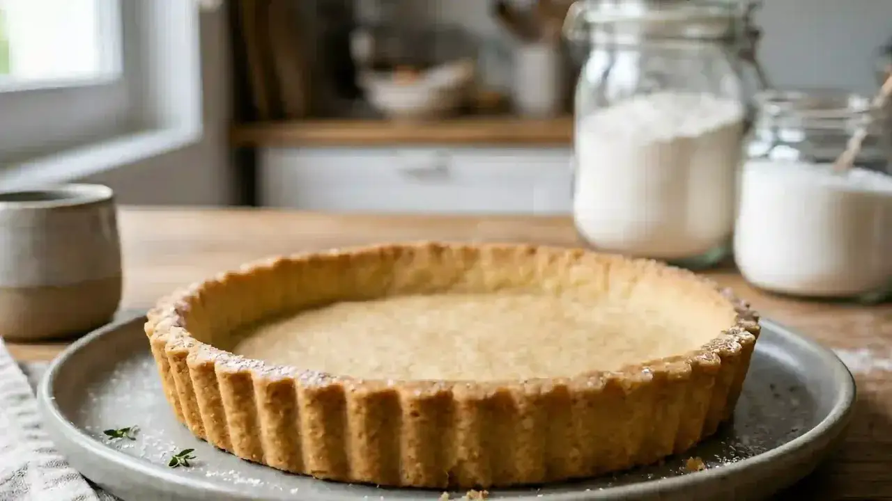 Un fond de tarte croustillant, prêt à être garni. Des pots de farine et de sucre en arrière-plan suggèrent une préparation gourmande.