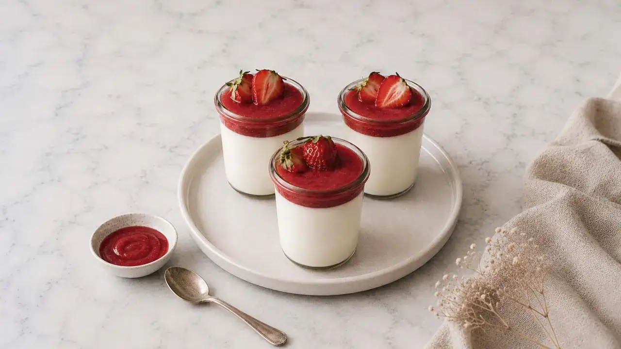 Trois panna cotta cr&eacute;meuse, garnies de fraises fra&icirc;ches et d'un coulis de fruits rouges, sur une assiette avec une petite coupelle de sauce et une cuill&egrave;re.