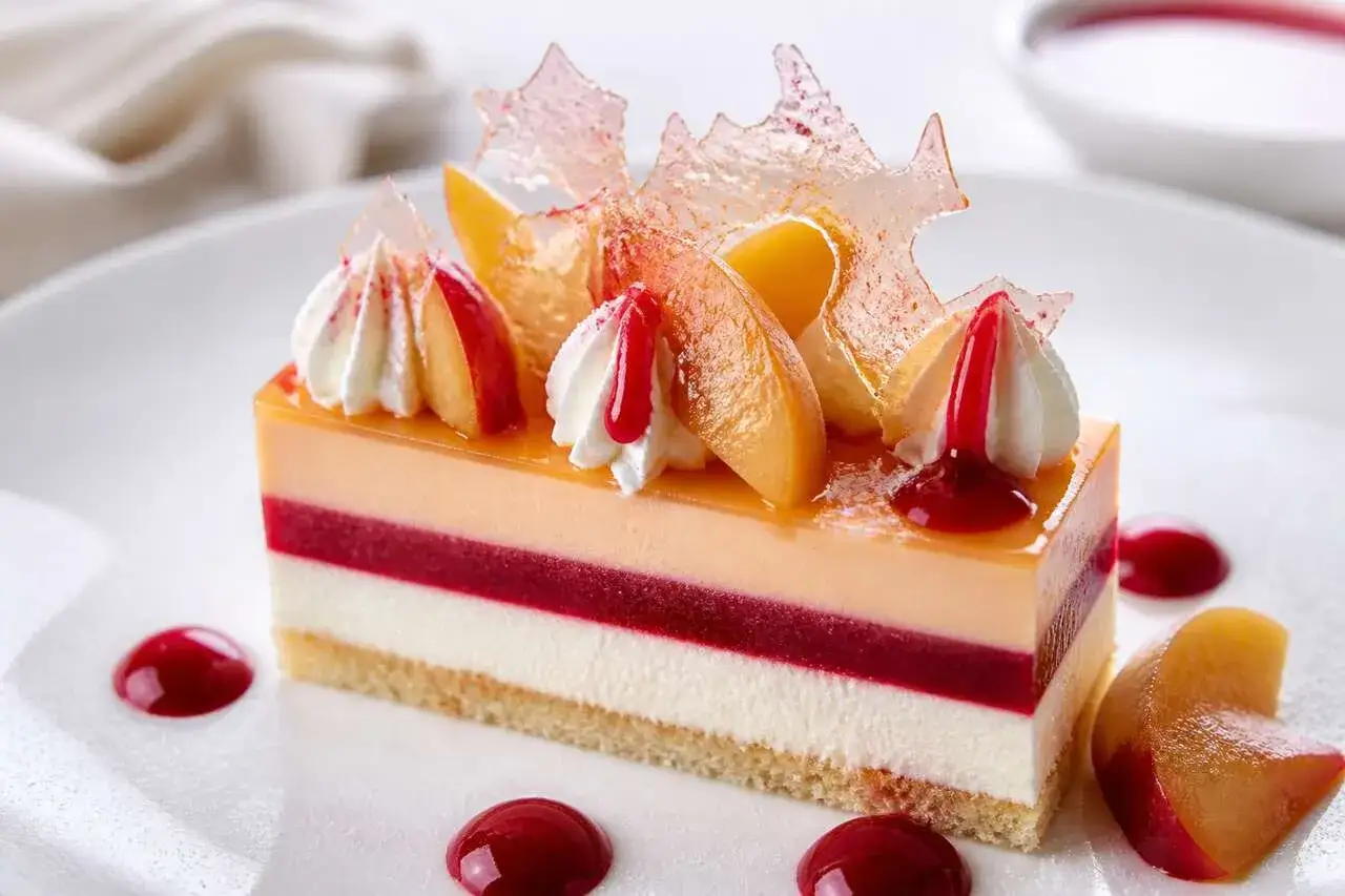Un délicieux entremet pêche melba, aux couches de mousse pêche, framboise et vanille, décoré de fruits frais et de sucre filé.