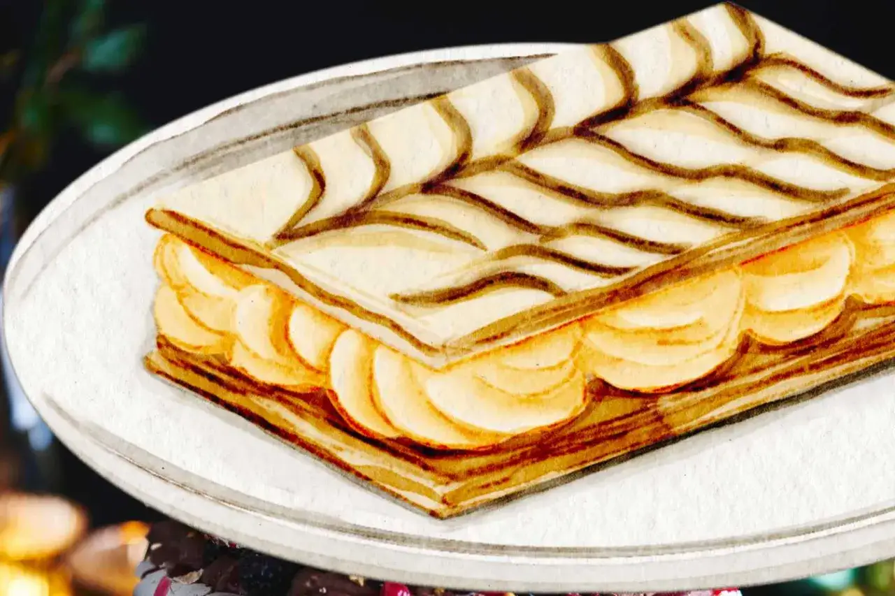 Un délicieux mille-feuille aux couches croustillantes et à la crème onctueuse, décoré de fines lignes de chocolat.