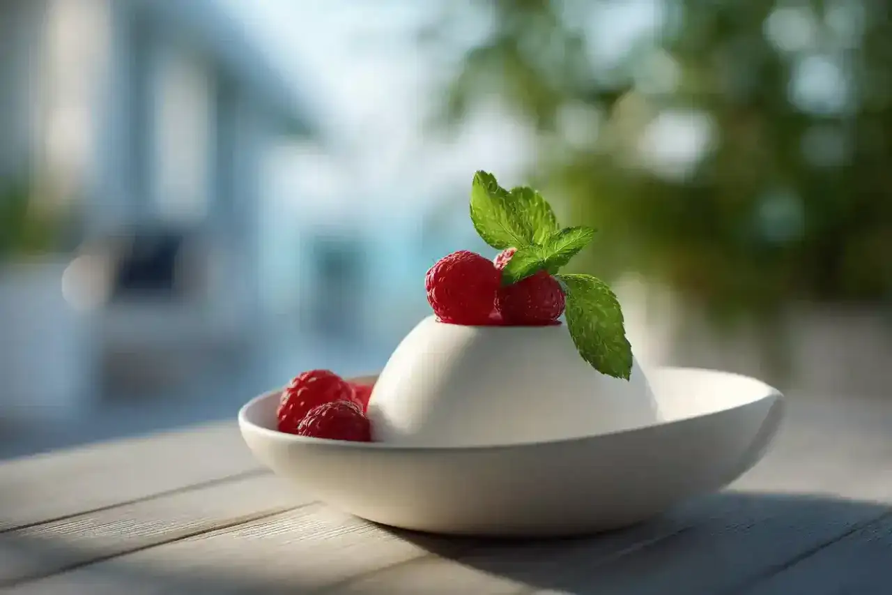 D&eacute;licieux panna cotta au lait sans cr&egrave;me, garni de framboises fra&icirc;ches et d'une feuille de menthe. Un dessert l&eacute;ger et fruit&eacute;.