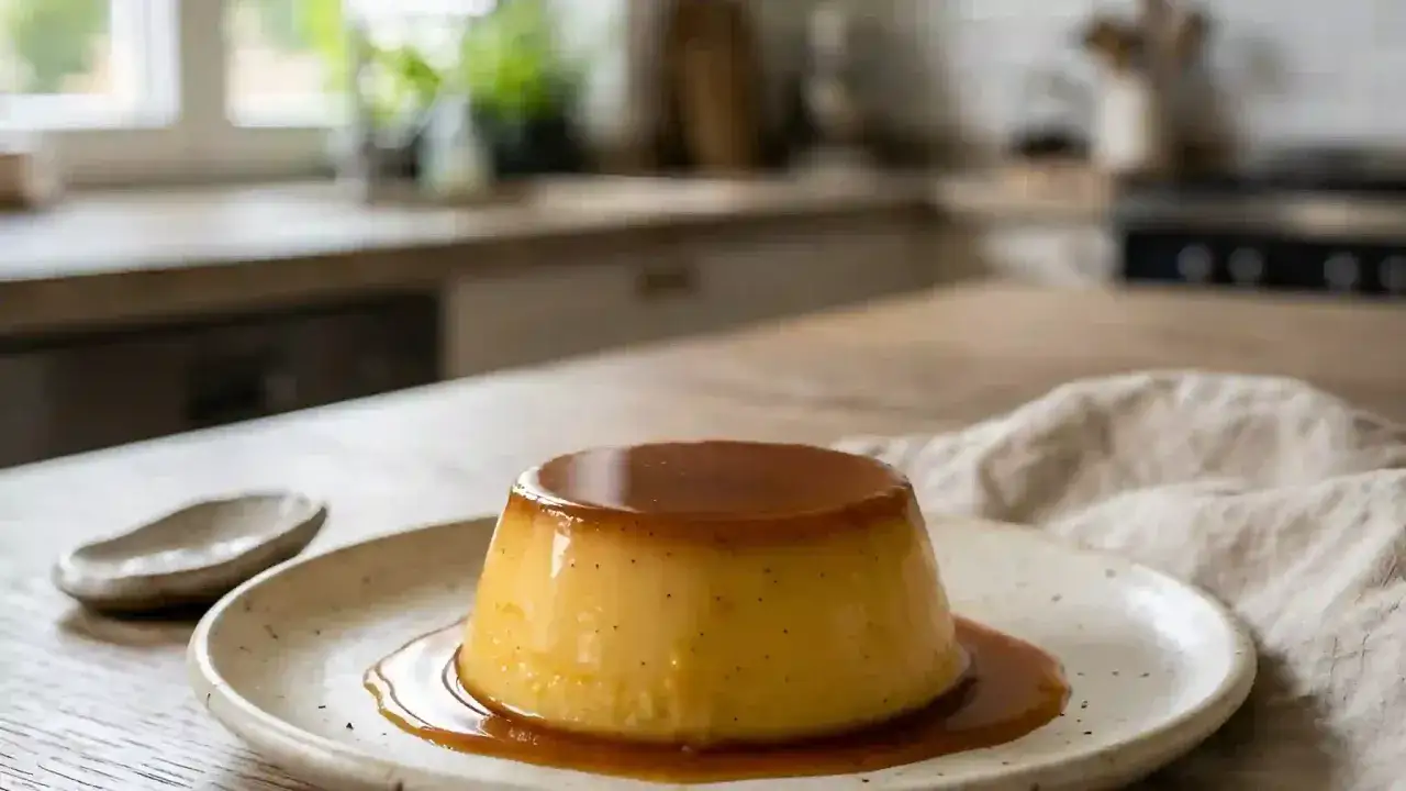 Un flan aux œufs à l'ancienne, onctueux et doré, nappé de caramel, sur une assiette rustique.