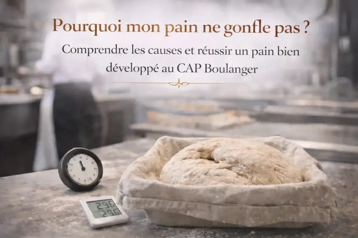 Pâte à pain dans un banneton, thermomètre et minuteur sur un plan de travail. Comprendre pourquoi mon pain ne gonfle pas à la cuisson.