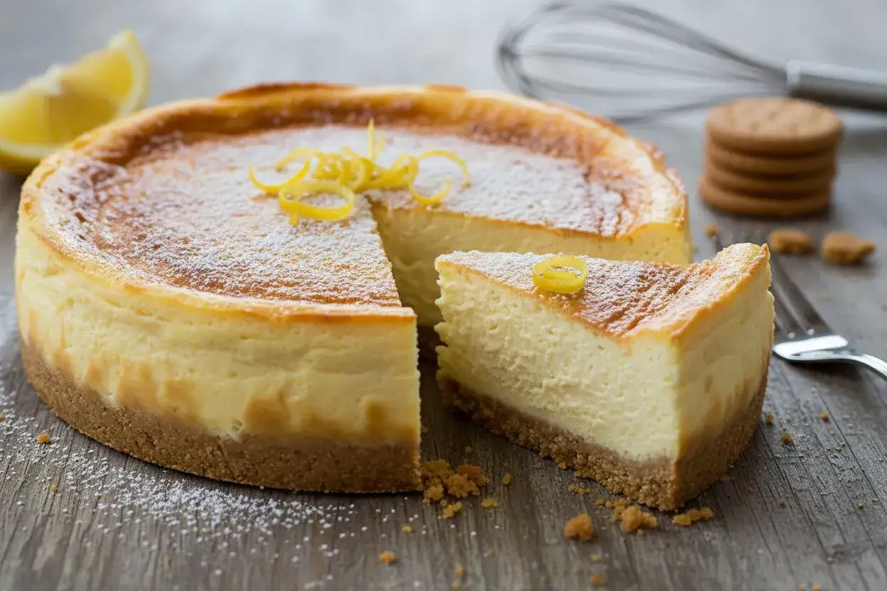 Un délicieux cheesecake citron, saupoudré de sucre glace et décoré de zestes, prêt à être dégusté.