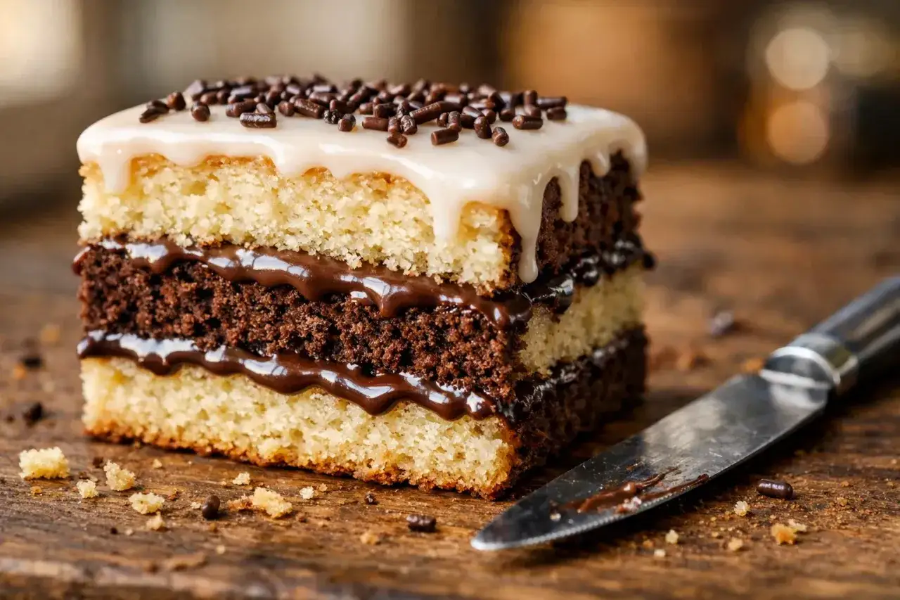 Un délicieux napolitain maison, avec ses couches de génoise et de chocolat, nappé de glaçage blanc et parsemé de vermicelles.