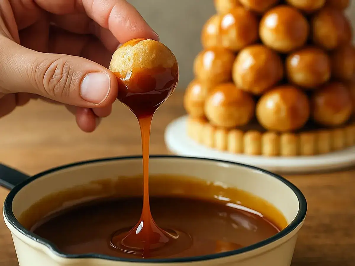 Une main trempe un petit chou dans un caramel onctueux. Derrière, une pièce montée de choux glacés au caramel.